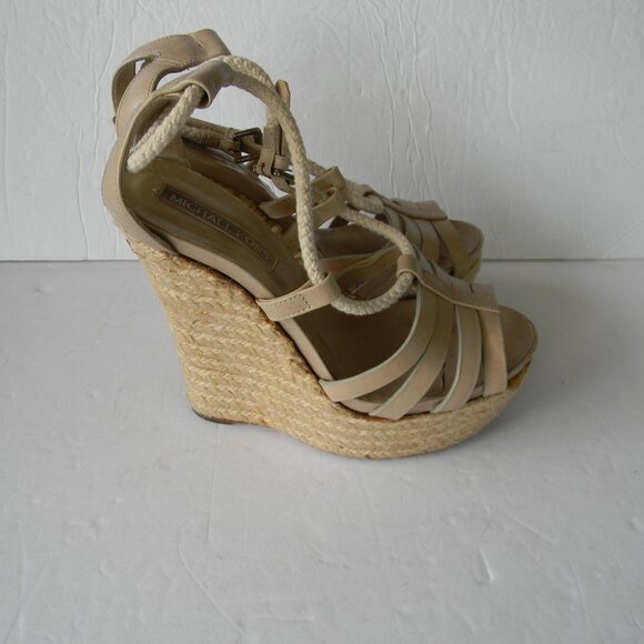 MICHAEL KORS COLLECTION MADE IN ITALY LEATHER ESPADRILLE PLATFORM WEDGE SANDALS - Picture 4 of 8